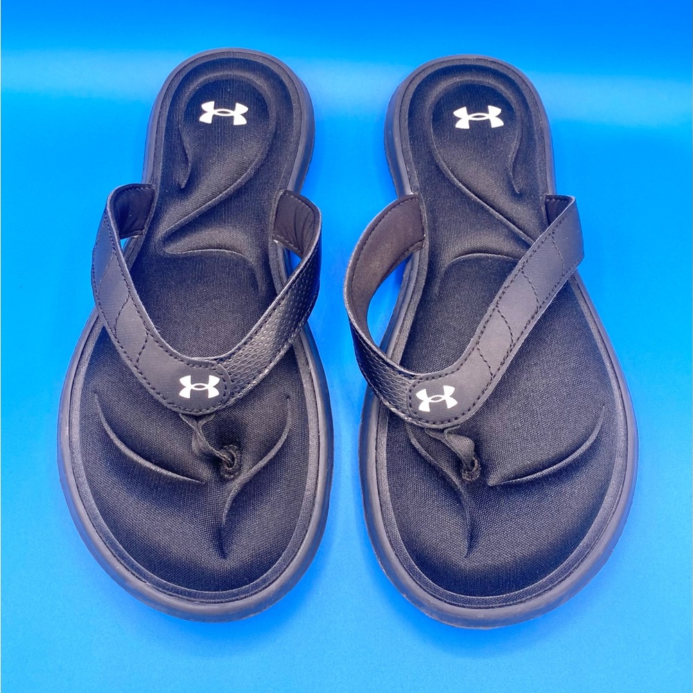 Women’s Under Armour Marbella VII Graphic FB Padded Flip Flops Sandals Black 9